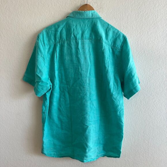 TOMMY BAHAMA Vintage Teal Green Linen Short Sleeve Button Down Shirt Mens Medium - Picture 2 of 7